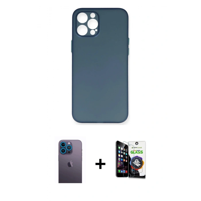 MARSİLYAN™- iPhone 12 Pro Max Kılıf Yadigar Yansıma Serisi - Şeffaf Temperli Cam Ekran Koruyucu + Mavi Neon Fosforlu Kamera Lens