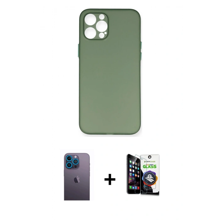 MARSİLYAN™- iPhone 12 Pro Max Kılıf Yadigar Yansıma Serisi - Şeffaf Temperli Cam Ekran Koruyucu + Mavi Neon Fosforlu Kamera Lens