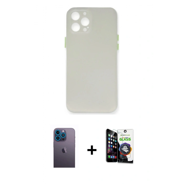 MARSİLYAN™- iPhone 12 Pro Max Kılıf Yadigar Yansıma Serisi - Şeffaf Temperli Cam Ekran Koruyucu + Mavi Neon Fosforlu Kamera Lens