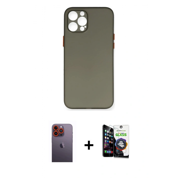 MARSİLYAN™- iPhone 12 Pro Max Kılıf Yadigar Yansıma Serisi - Şeffaf Temperli Cam Ekran Koruyucu + Turuncu Neon Fosforlu Kamera Lens