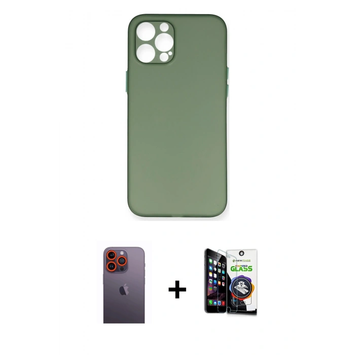 MARSİLYAN™- iPhone 12 Pro Max Kılıf Yadigar Yansıma Serisi - Şeffaf Temperli Cam Ekran Koruyucu + Turuncu Neon Fosforlu Kamera Lens