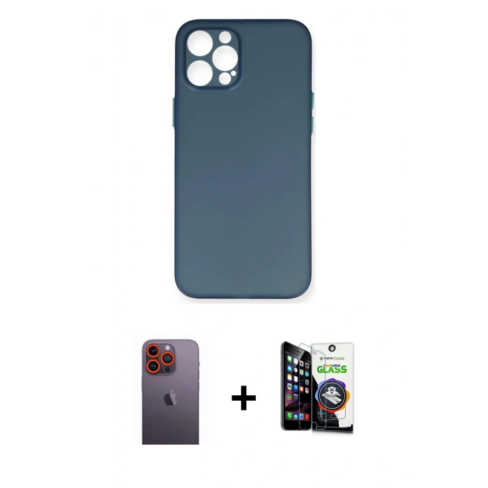 MARSİLYAN™- iPhone 12 Pro Max Kılıf Yadigar Yansıma Serisi - Şeffaf Temperli Cam Ekran Koruyucu + Turuncu Neon Fosforlu Kamera Lens