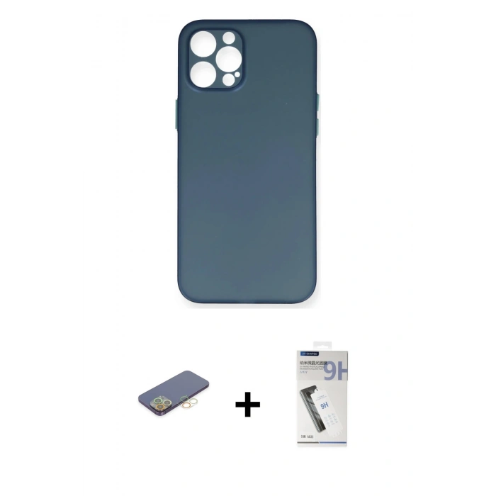 MARSİLYAN™- iPhone 12 Pro Max Kılıf Yadigar Yansıma Serisi - Şeffaf Uv Polymer Nano Ekran Koruyucu + Sarı Renkli Kamera Lens Koruma Cam
