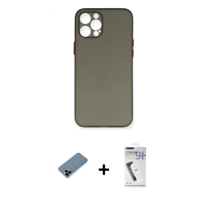 MARSİLYAN™- iPhone 12 Pro Max Kılıf Yadigar Yansıma Serisi - Şeffaf Uv Polymer Nano Ekran Koruyucu + Siyah Shine Kamera Lens Koruma Cam