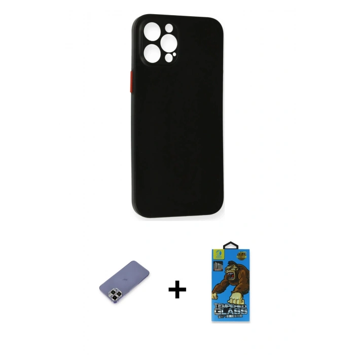 MARSİLYAN™- iPhone 12 Pro Max Kılıf Yadigar Yansıma Serisi - Siyah 18D Cam Ekran Koruyucu + Metal Kamera Lens Koruma Cam - GD