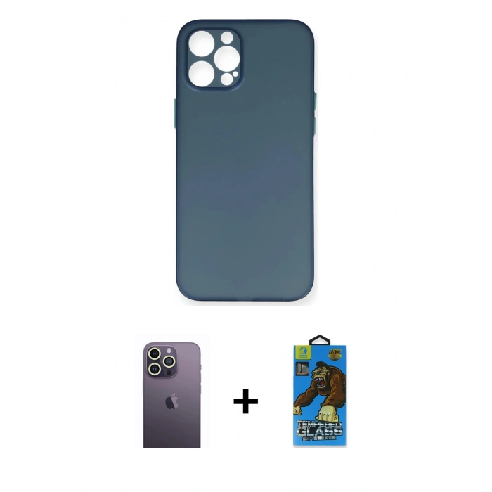 MARSİLYAN™- iPhone 12 Pro Max Kılıf Yadigar Yansıma Serisi - Siyah 18D Cam Ekran Koruyucu + Neon Fosforlu Kamera Lens - BZ
