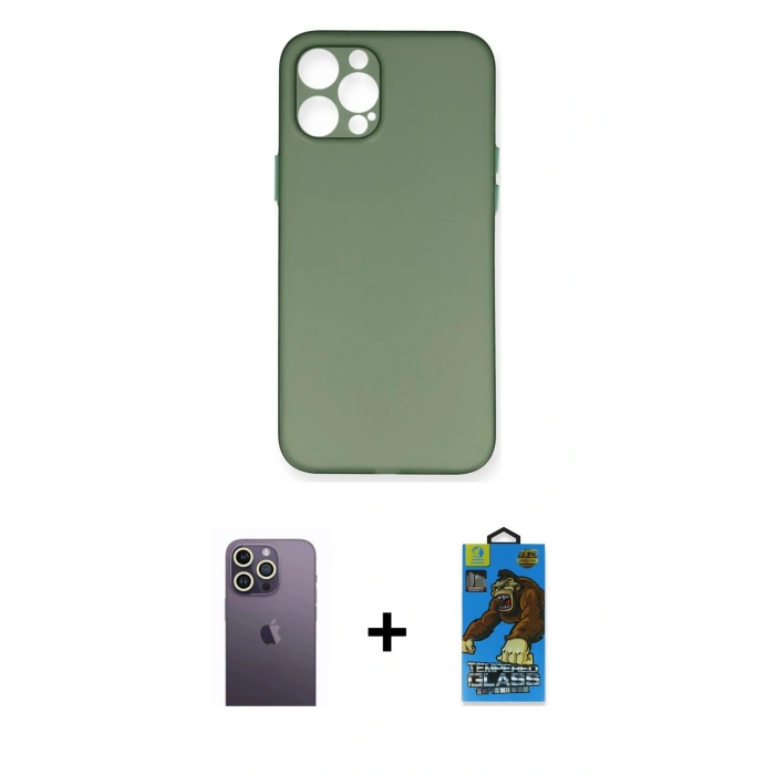 MARSİLYAN™- iPhone 12 Pro Max Kılıf Yadigar Yansıma Serisi - Siyah 18D Cam Ekran Koruyucu + Neon Fosforlu Kamera Lens - BZ