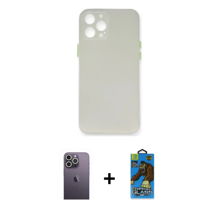 MARSİLYAN™- iPhone 12 Pro Max Kılıf Yadigar Yansıma Serisi - Siyah 18D Cam Ekran Koruyucu + Neon Fosforlu Kamera Lens - BZ