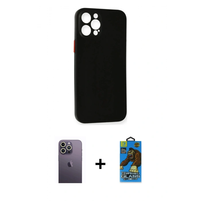 MARSİLYAN™- iPhone 12 Pro Max Kılıf Yadigar Yansıma Serisi - Siyah 18D Cam Ekran Koruyucu + Neon Fosforlu Kamera Lens - BZ