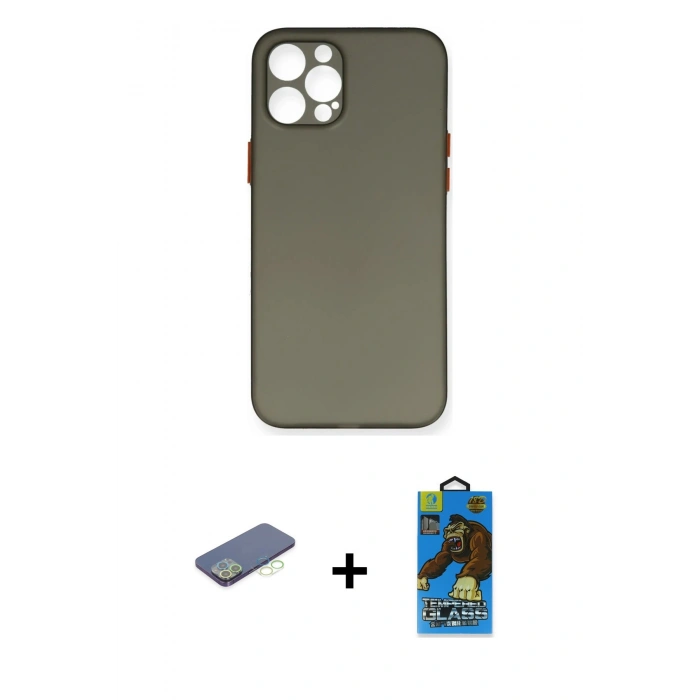 MARSİLYAN™- iPhone 12 Pro Max Kılıf Yadigar Yansıma Serisi - Siyah 18D Cam Ekran Koruyucu + Renkli Kamera Lens Koruma Cam - YL