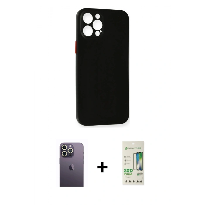 MARSİLYAN™- iPhone 12 Pro Max Kılıf Yadigar Yansıma Serisi - Siyah 20D Premium Cam Ekran Koruyucu + Beyaz Neon Fosforlu Kamera Lens