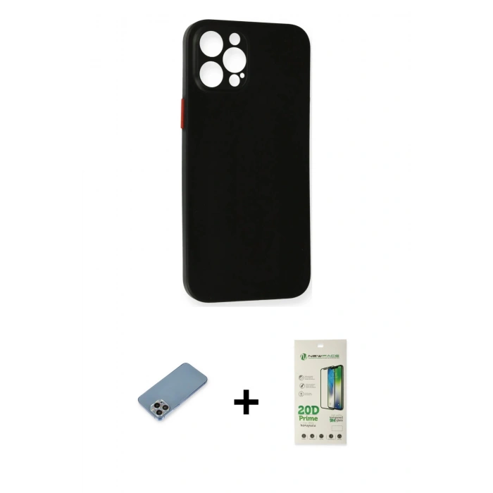 MARSİLYAN™- iPhone 12 Pro Max Kılıf Yadigar Yansıma Serisi - Siyah 20D Premium Cam Ekran Koruyucu + Shine Kamera Lens Koruma Cam - GI