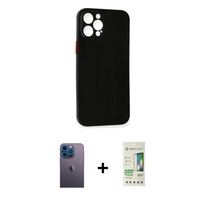 MARSİLYAN™- iPhone 12 Pro Max Kılıf Yadigar Yansıma Serisi - Siyah 20D Premium Cam Ekran Koruyucu + Neon Fosforlu Kamera Lens - MI
