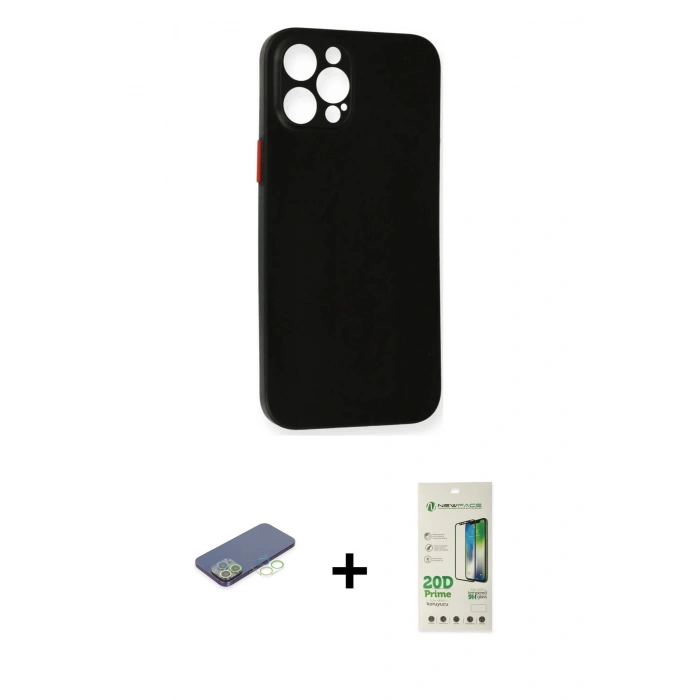MARSİLYAN™- iPhone 12 Pro Max Kılıf Yadigar Yansıma Serisi - Siyah 20D Premium Cam Ekran Koruyucu + Renkli Kamera Lens Koruma Cam - YL