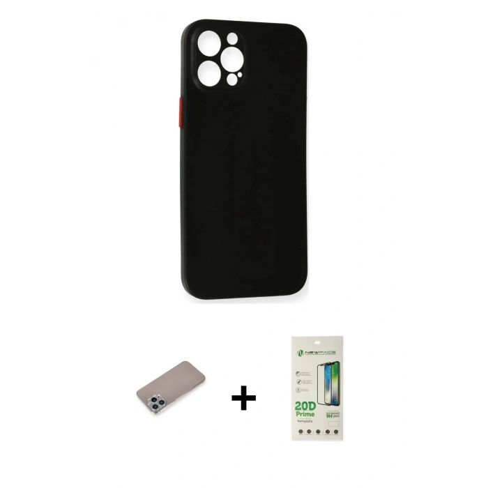 MARSİLYAN™- iPhone 12 Pro Max Kılıf Yadigar Yansıma Serisi - Siyah 20D Premium Cam Ekran Koruyucu + Shine Kamera Lens Koruma Cam - SABE