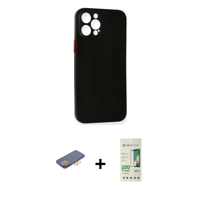 MARSİLYAN™- iPhone 12 Pro Max Kılıf Yadigar Yansıma Serisi - Siyah 20D Premium Cam Ekran Koruyucu + Renkli Kamera Lens Koruma Cam - TU