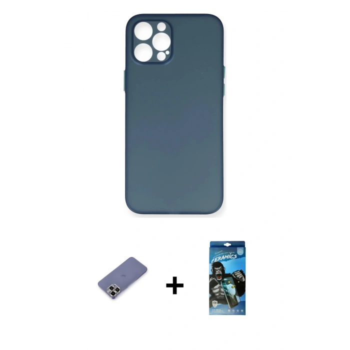 MARSİLYAN™- iPhone 12 Pro Max Kılıf Yadigar Yansıma Serisi - Siyah 34D Izgaralı Cam + Metal Kamera Lens Koruma Cam - GD
