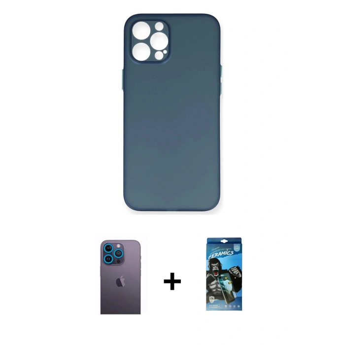 MARSİLYAN™- iPhone 12 Pro Max Kılıf Yadigar Yansıma Serisi - Siyah 34D Izgaralı Cam + Neon Fosforlu Kamera Lens - MI