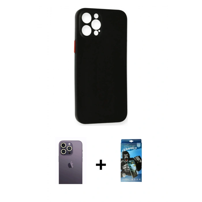 MARSİLYAN™- iPhone 12 Pro Max Kılıf Yadigar Yansıma Serisi - Siyah 34D Izgaralı Cam + Neon Fosforlu Kamera Lens - BZ