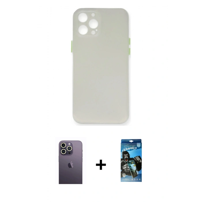 MARSİLYAN™- iPhone 12 Pro Max Kılıf Yadigar Yansıma Serisi - Siyah 34D Izgaralı Cam + Neon Fosforlu Kamera Lens - BZ