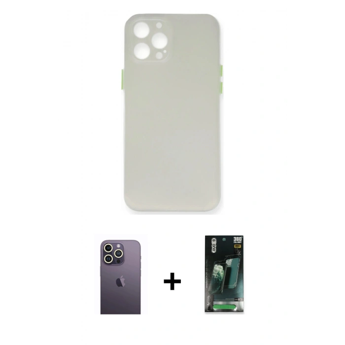 MARSİLYAN™- iPhone 12 Pro Max Kılıf Yadigar Yansıma Serisi - Siyah 360 Mat Full Body Arka Koruyucu + Beyaz Neon Fosforlu Kamera Lens