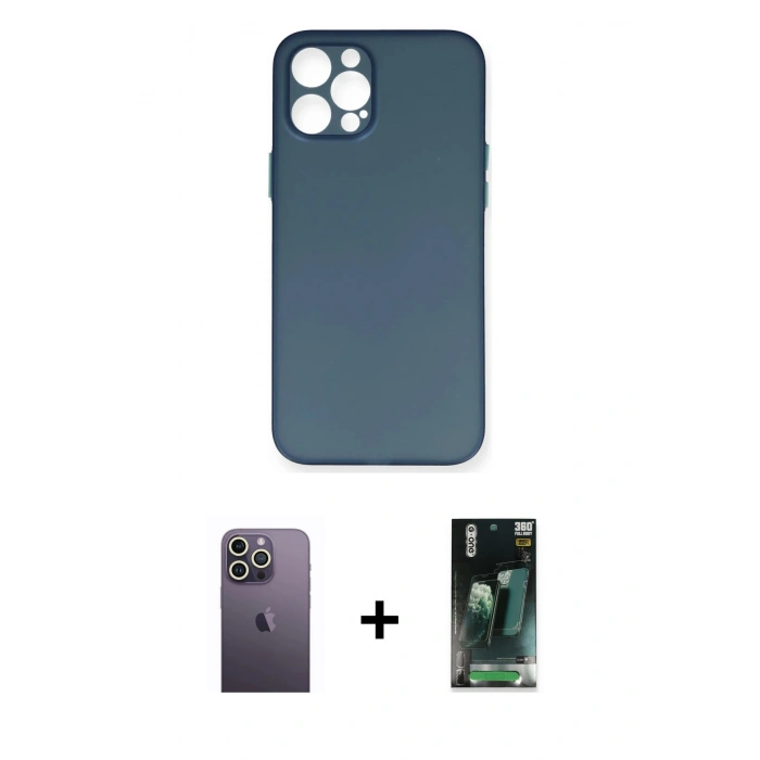 MARSİLYAN™- iPhone 12 Pro Max Kılıf Yadigar Yansıma Serisi - Siyah 360 Mat Full Body Arka Koruyucu + Beyaz Neon Fosforlu Kamera Lens
