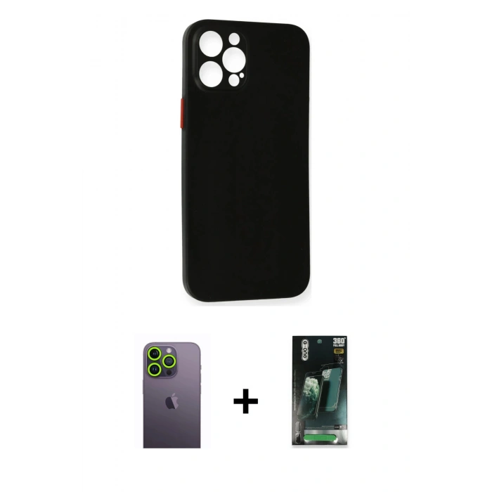 MARSİLYAN™- iPhone 12 Pro Max Kılıf Yadigar Yansıma Serisi - Siyah 360 Mat Full Body Arka Koruyucu + Yeşil Neon Fosforlu Kamera Lens