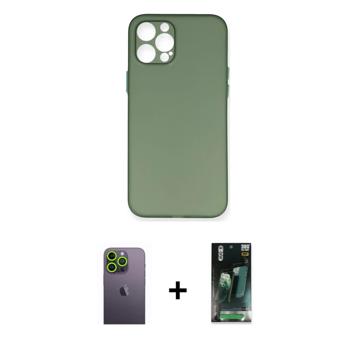 MARSİLYAN™- iPhone 12 Pro Max Kılıf Yadigar Yansıma Serisi - Siyah 360 Mat Full Body Arka Koruyucu + Yeşil Neon Fosforlu Kamera Lens