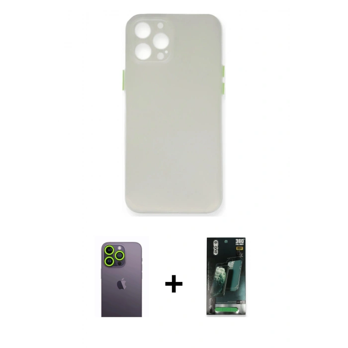 MARSİLYAN™- iPhone 12 Pro Max Kılıf Yadigar Yansıma Serisi - Siyah 360 Mat Full Body Arka Koruyucu + Yeşil Neon Fosforlu Kamera Lens