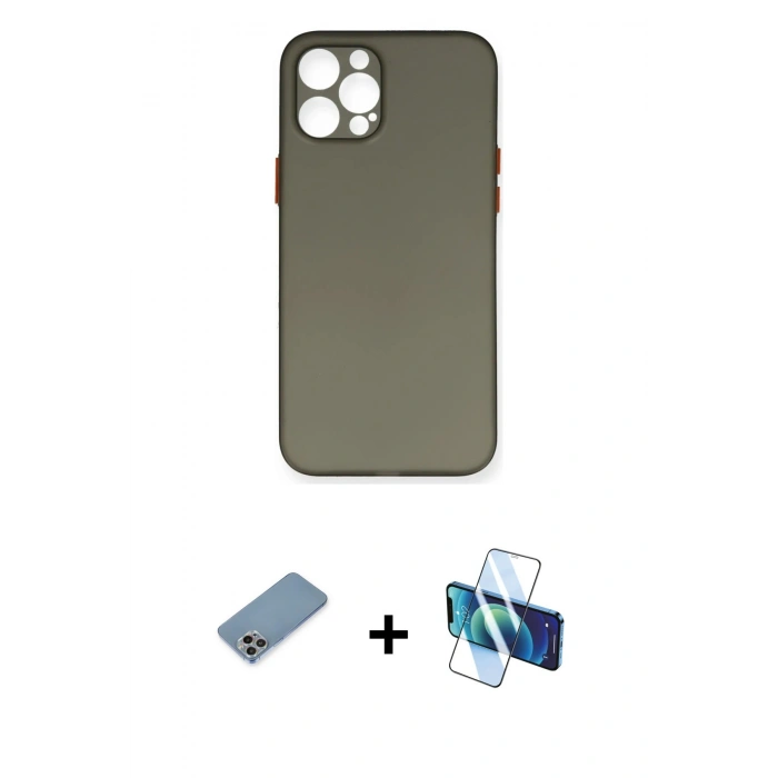 MARSİLYAN™- iPhone 12 Pro Max Kılıf Yadigar Yansıma Serisi - Siyah 3D Antistatik Cam Ekran Koruyucu + Shine Kamera Lens Koruma Cam - GI