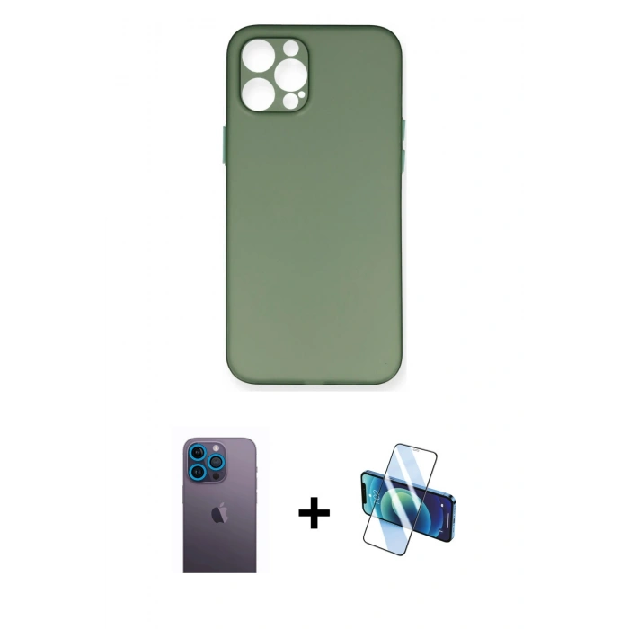 MARSİLYAN™- iPhone 12 Pro Max Kılıf Yadigar Yansıma Serisi - Siyah 3D Antistatik Cam Ekran Koruyucu + Neon Fosforlu Kamera Lens - MI