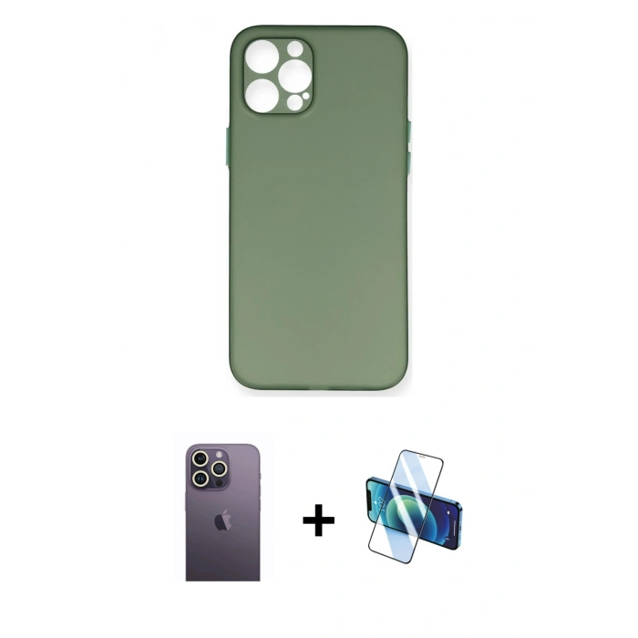 MARSİLYAN™- iPhone 12 Pro Max Kılıf Yadigar Yansıma Serisi - Siyah 3D Antistatik Cam Ekran Koruyucu + Neon Fosforlu Kamera Lens - BZ
