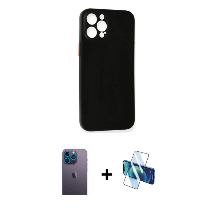 MARSİLYAN™- iPhone 12 Pro Max Kılıf Yadigar Yansıma Serisi - Siyah 3D Antistatik Cam Ekran Koruyucu + Neon Fosforlu Kamera Lens - MI