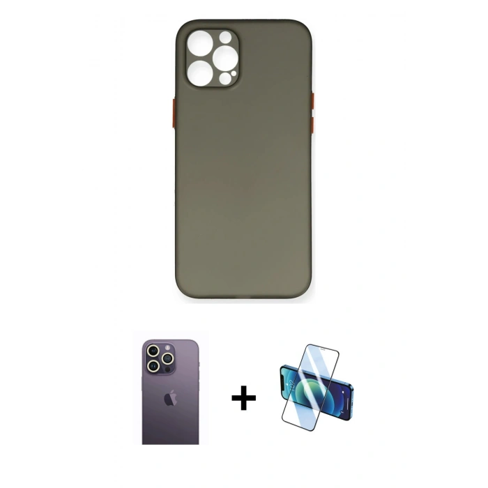 MARSİLYAN™- iPhone 12 Pro Max Kılıf Yadigar Yansıma Serisi - Siyah 3D Antistatik Cam Ekran Koruyucu + Neon Fosforlu Kamera Lens - BZ