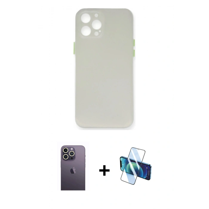 MARSİLYAN™- iPhone 12 Pro Max Kılıf Yadigar Yansıma Serisi - Siyah 3D Antistatik Cam Ekran Koruyucu + Neon Fosforlu Kamera Lens - BZ