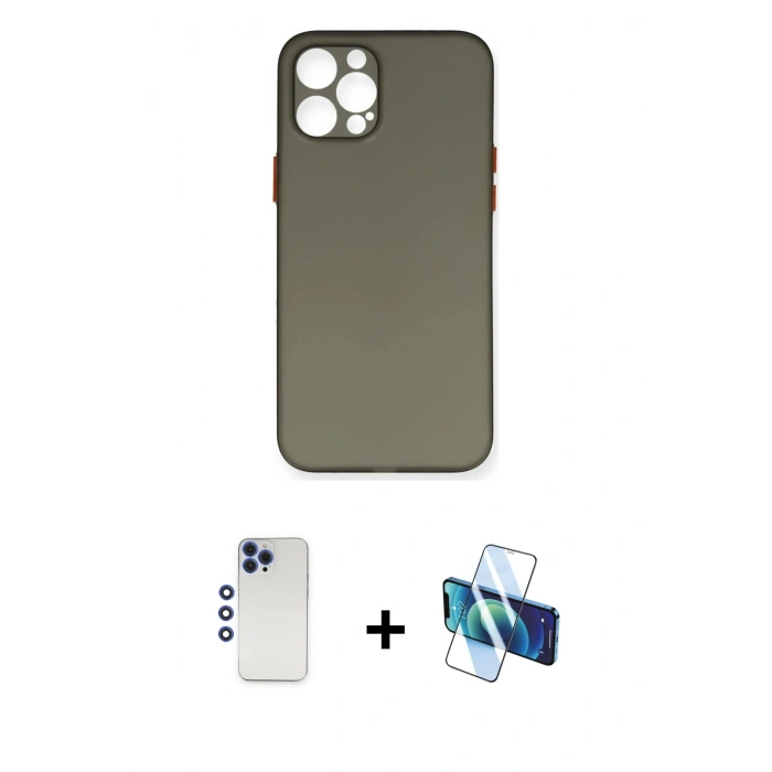 MARSİLYAN™- iPhone 12 Pro Max Kılıf Yadigar Yansıma Serisi - Siyah 3D Antistatik Cam Ekran Koruyucu + Shine Kamera Lens - LT