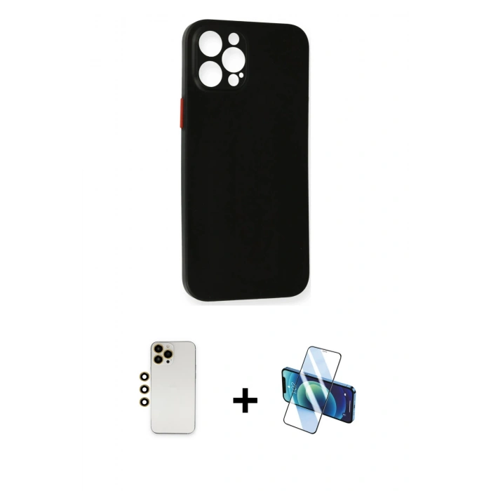 MARSİLYAN™- iPhone 12 Pro Max Kılıf Yadigar Yansıma Serisi - Siyah 3D Antistatik Cam Ekran Koruyucu + Shine Kamera Lens - GD