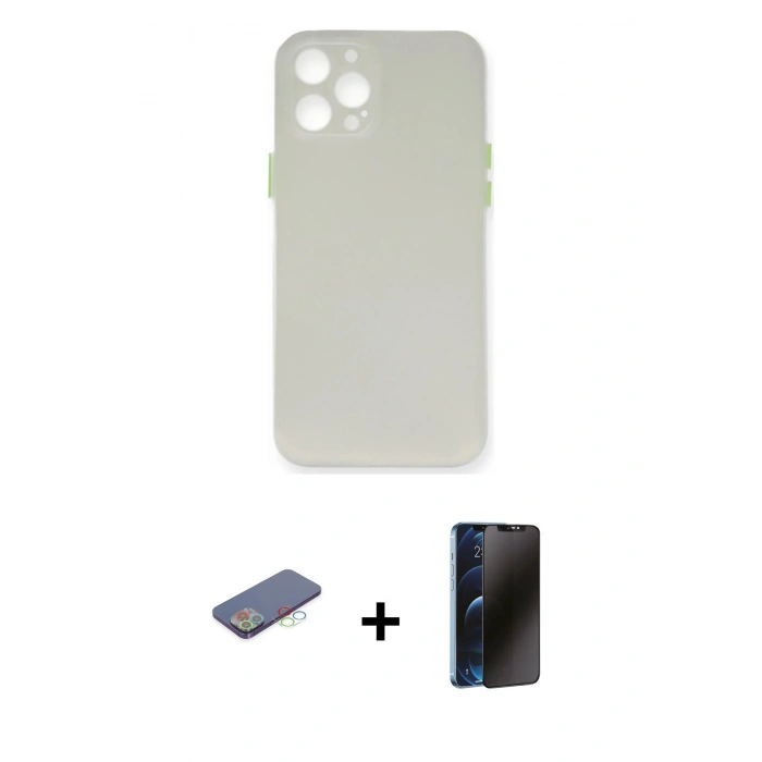 MARSİLYAN™- iPhone 12 Pro Max Kılıf Yadigar Yansıma Serisi - Siyah 3D Antistatik Hayalet Cam Ekran Koruyucu + Mavi Renkli Kamera Lens Koruma Cam