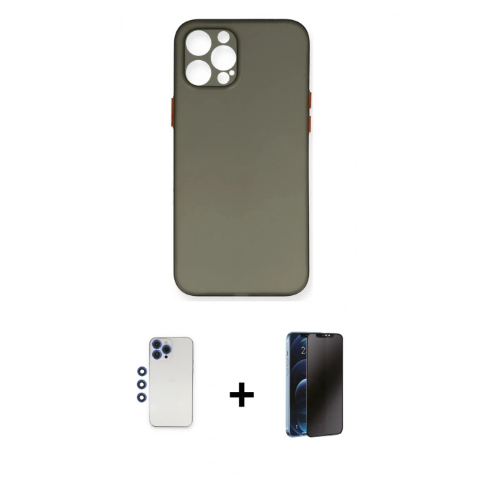 MARSİLYAN™- iPhone 12 Pro Max Kılıf Yadigar Yansıma Serisi - Siyah 3D Antistatik Hayalet Cam Ekran Koruyucu + Shine Kamera Lens - LT