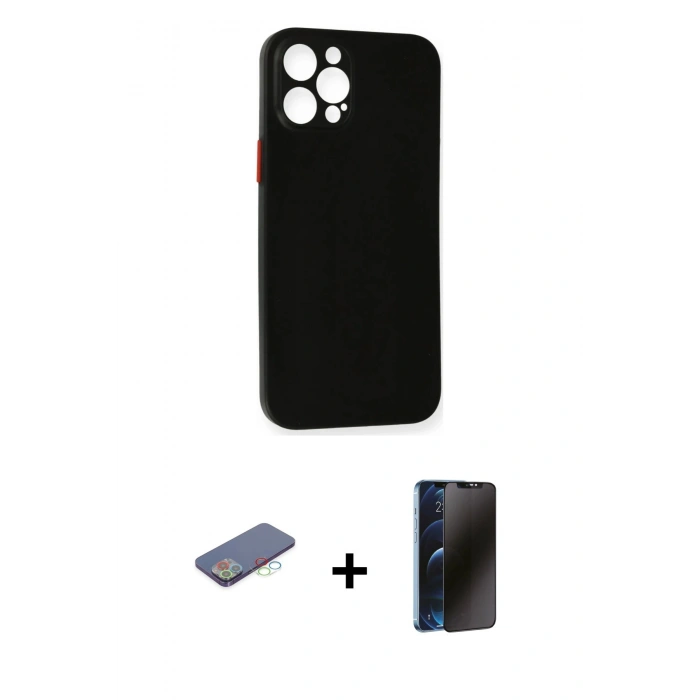 MARSİLYAN™- iPhone 12 Pro Max Kılıf Yadigar Yansıma Serisi - Siyah 3D Antistatik Hayalet Cam Ekran Koruyucu + Mavi Renkli Kamera Lens Koruma Cam