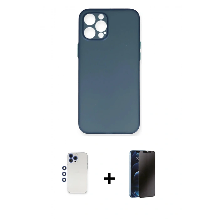 MARSİLYAN™- iPhone 12 Pro Max Kılıf Yadigar Yansıma Serisi - Siyah 3D Antistatik Hayalet Cam Ekran Koruyucu + Shine Kamera Lens - LT