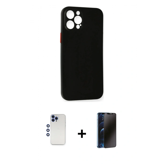 MARSİLYAN™- iPhone 12 Pro Max Kılıf Yadigar Yansıma Serisi - Siyah 3D Antistatik Hayalet Cam Ekran Koruyucu + Shine Kamera Lens - LT