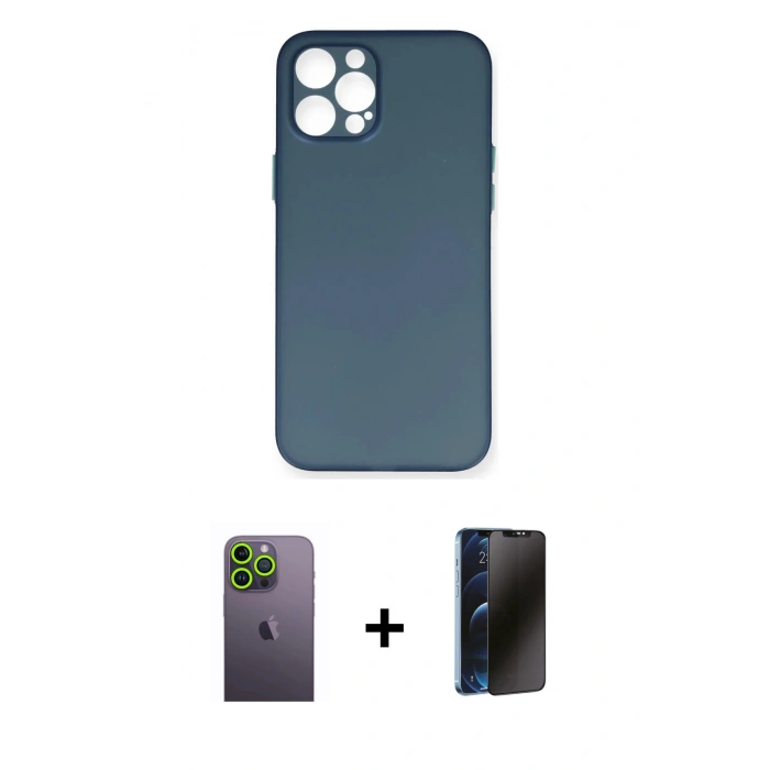 MARSİLYAN™- iPhone 12 Pro Max Kılıf Yadigar Yansıma Serisi - Siyah 3D Antistatik Hayalet Cam Ekran Koruyucu + Neon Fosforlu Kamera Lens - YL