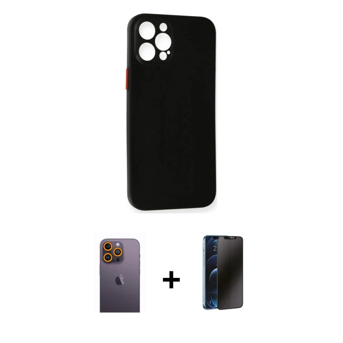 MARSİLYAN™- iPhone 12 Pro Max Kılıf Yadigar Yansıma Serisi - Siyah 3D Antistatik Hayalet Cam Ekran Koruyucu + Neon Fosforlu Kamera Lens - SI