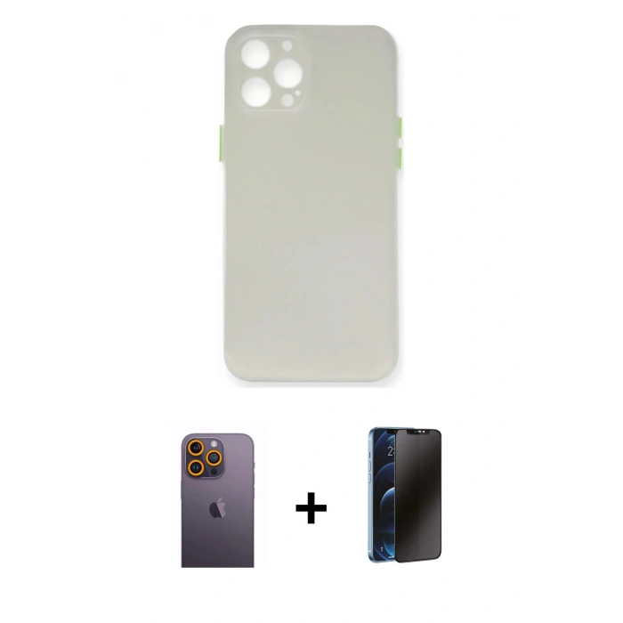 MARSİLYAN™- iPhone 12 Pro Max Kılıf Yadigar Yansıma Serisi - Siyah 3D Antistatik Hayalet Cam Ekran Koruyucu + Neon Fosforlu Kamera Lens - SI