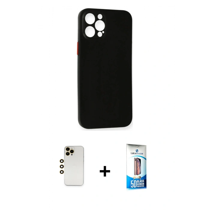 MARSİLYAN™- iPhone 12 Pro Max Kılıf Yadigar Yansıma Serisi - Siyah 5D Eko Cam Ekran Koruyucu + Shine Kamera Lens - GD