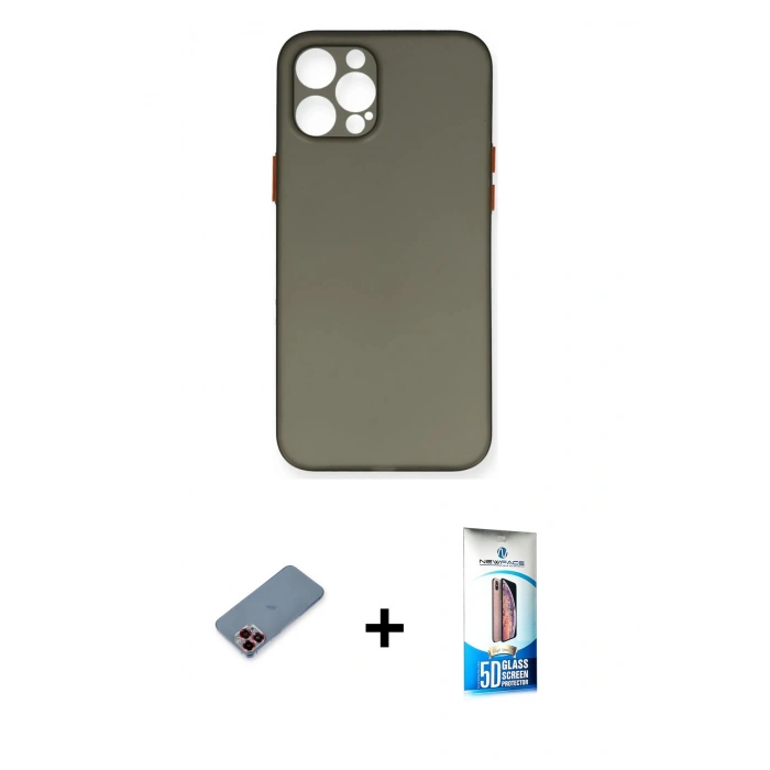 MARSİLYAN™- iPhone 12 Pro Max Kılıf Yadigar Yansıma Serisi - Siyah 5D Eko Cam Ekran Koruyucu + Kırmızı Metal Kamera Lens Koruma Cam