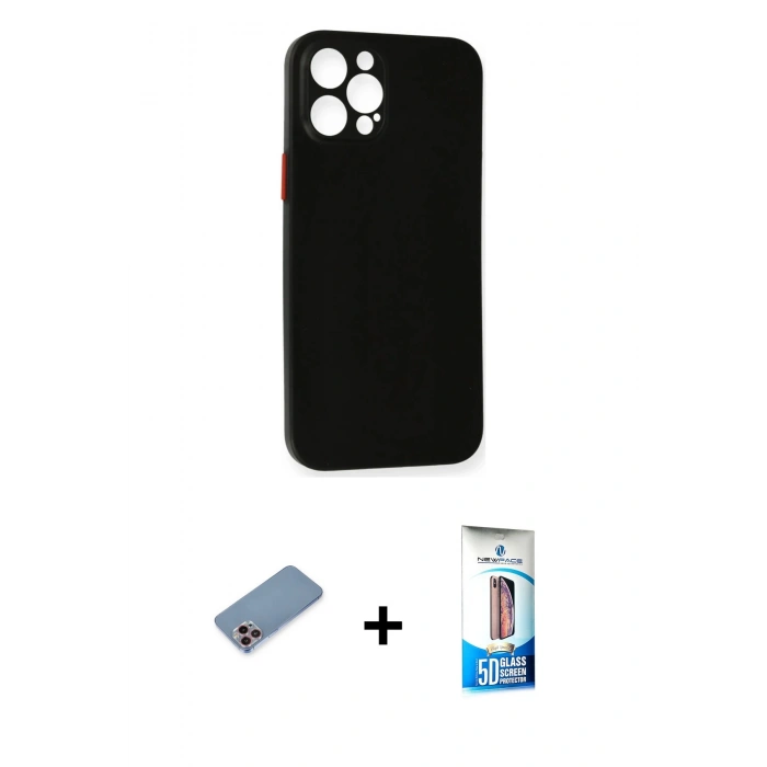 MARSİLYAN™- iPhone 12 Pro Max Kılıf Yadigar Yansıma Serisi - Siyah 5D Eko Cam Ekran Koruyucu + Pembe Shine Kamera Lens Koruma Cam