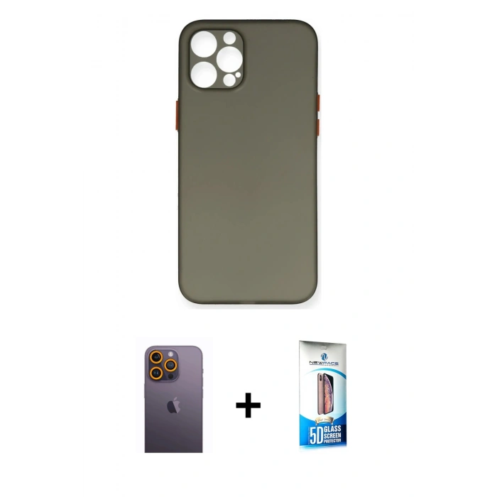 MARSİLYAN™- iPhone 12 Pro Max Kılıf Yadigar Yansıma Serisi - Siyah 5D Eko Cam Ekran Koruyucu + Sarı Neon Fosforlu Kamera Lens