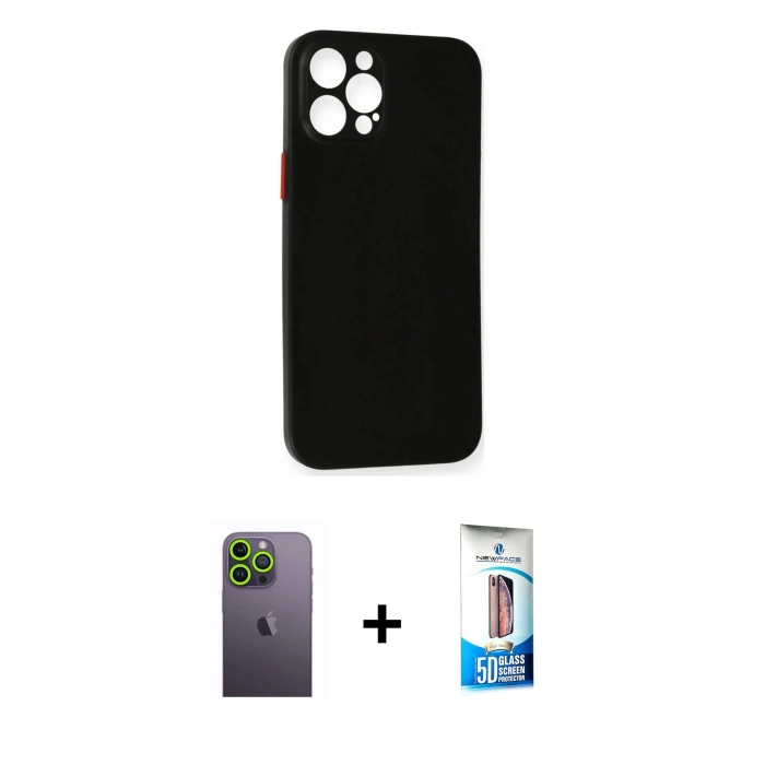 MARSİLYAN™- iPhone 12 Pro Max Kılıf Yadigar Yansıma Serisi - Siyah 5D Eko Cam Ekran Koruyucu + Neon Fosforlu Kamera Lens - YL